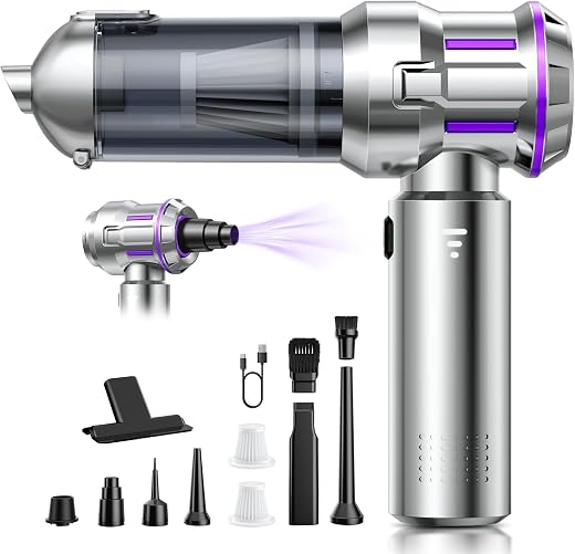 Aspirateur à Main, 25000Pa Aspirateur Voiture Puissant sans Fil avec Vidage Automatique 1 Touche, 4-en-1 Mini Aspirateur, Moteur sans Balai, 3 Niveaux, Idéal pour Les Poils d'animaux, Voiture, Maison